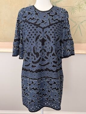 Anna Sui Blue Denim and Black Lace Dress